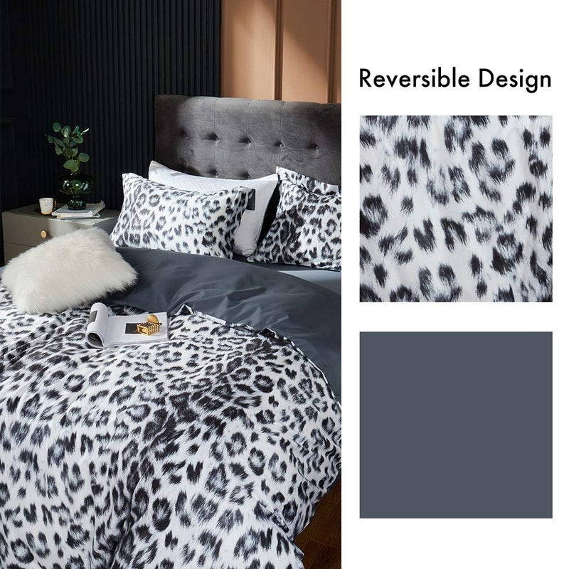 MILDLY 100% Long Staple Cotton Duvet Cover Set Leopard Print Designed Pattern Comforter Cover Set White & Black Cheetah Animal - Image 3